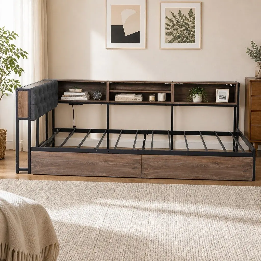 Metal Bed Frame Black King Single Storage Drawers Charging Station