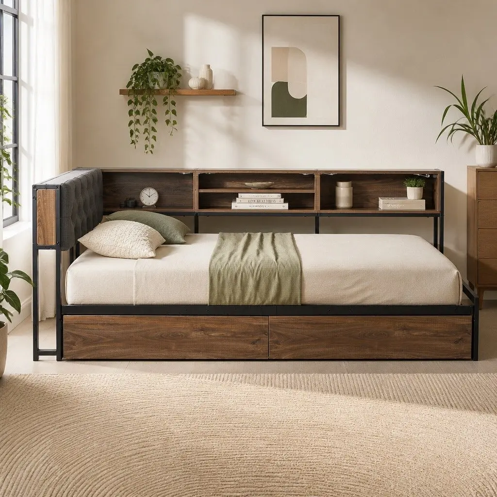 Single Bed Frame Oak Metal Base with Storage Drawers Charging Station