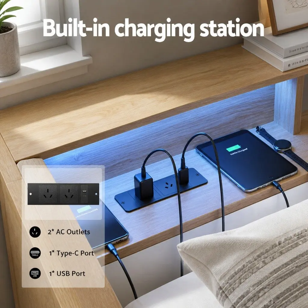 Single Bed Frame Oak Metal Base with Storage Drawers Charging Station