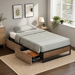 King Single Metal Bed Frame with 2 Storage Drawers Industrial Design Bedroom