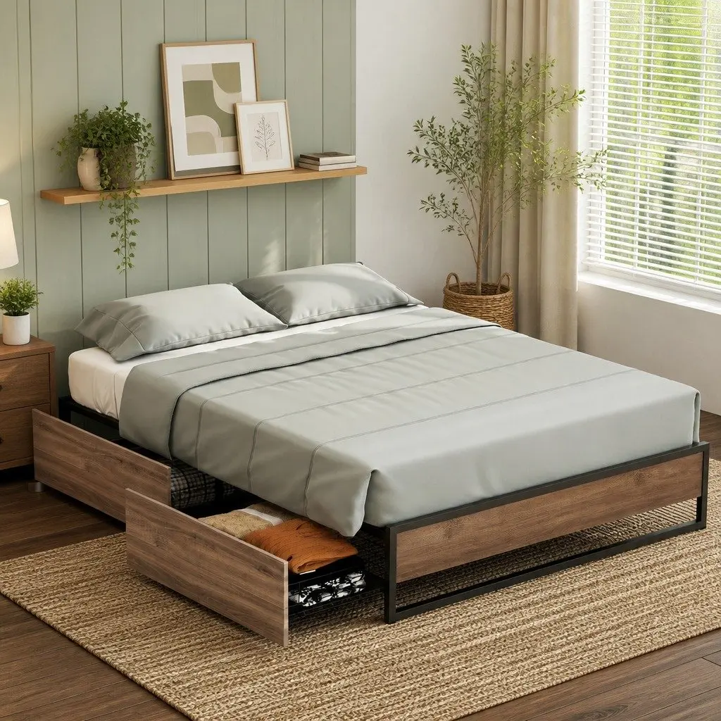 Queen Bed Frame with Two Storage Drawers
