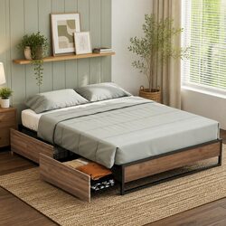 Queen Size Bed Frame with 2 Storage Drawers Metal Steel Base Industrial Design