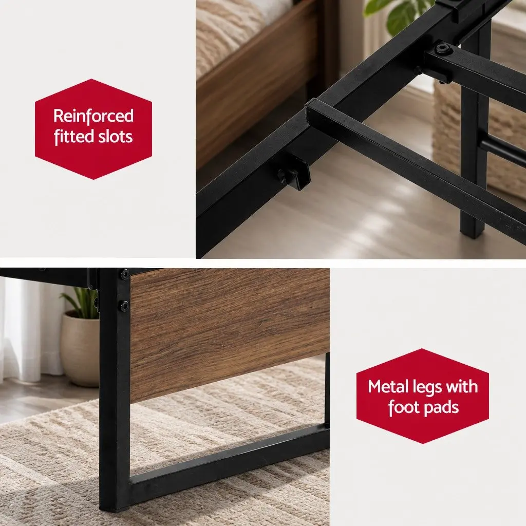 Queen Size Bed Frame with 2 Storage Drawers Metal Steel Base Industrial Design