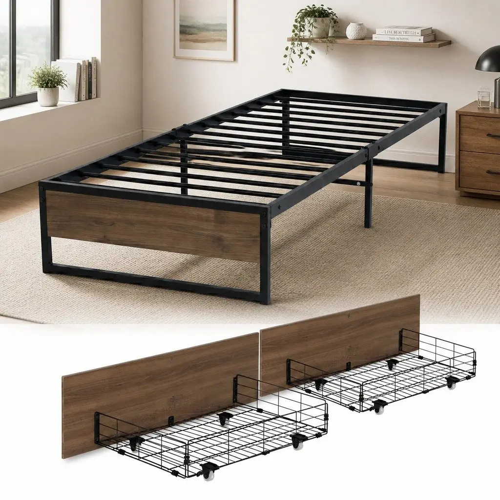 Single Bed Frame with 2 Storage Drawers Metal Base Industrial Design Furniture