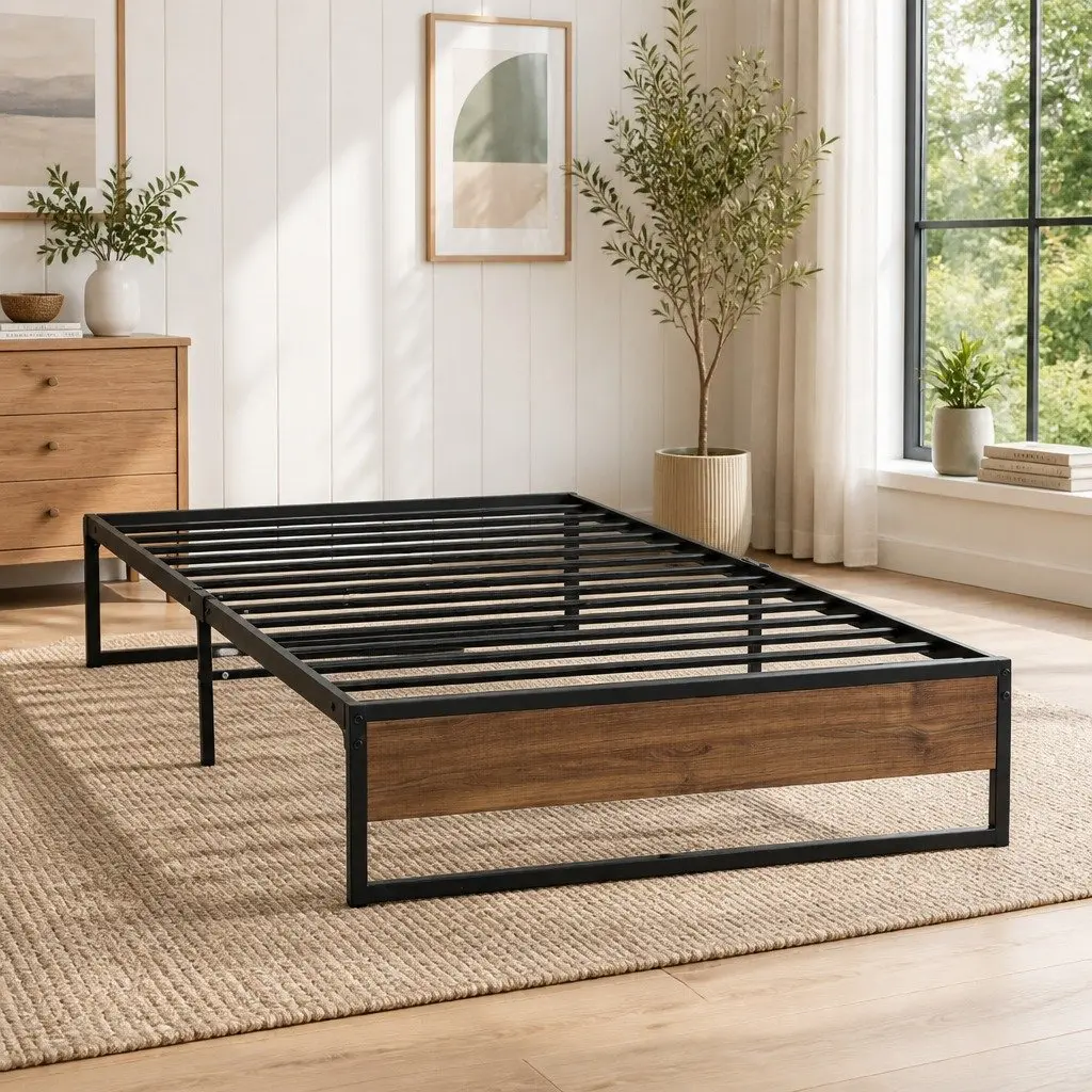 Single Metal Bed Frame Industrial Design Steel MDF Black Bedroom Furniture Base