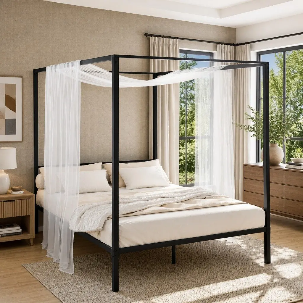 Double Size Metal Bed Frame Four-Poster Canopy Black Steel Bedroom Furniture