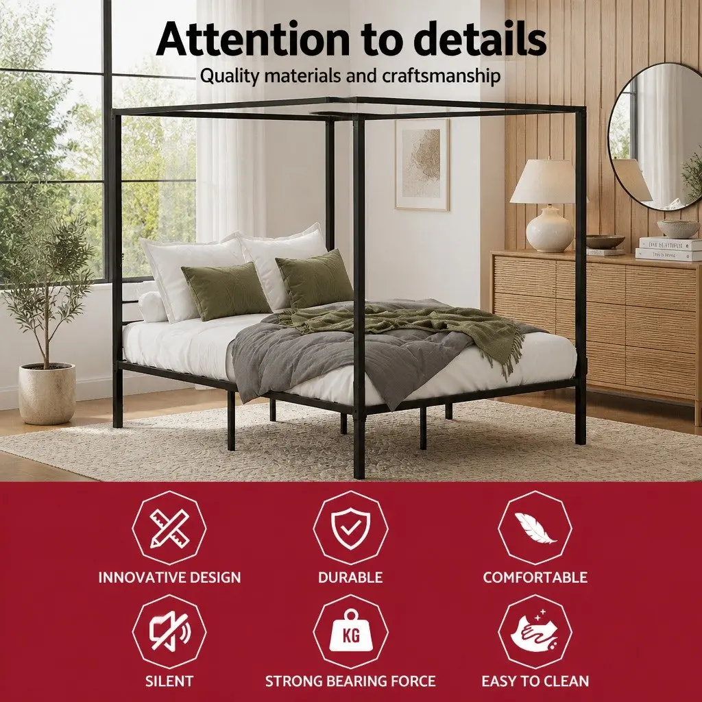 Double Size Metal Bed Frame Four-Poster Canopy Black Steel Bedroom Furniture