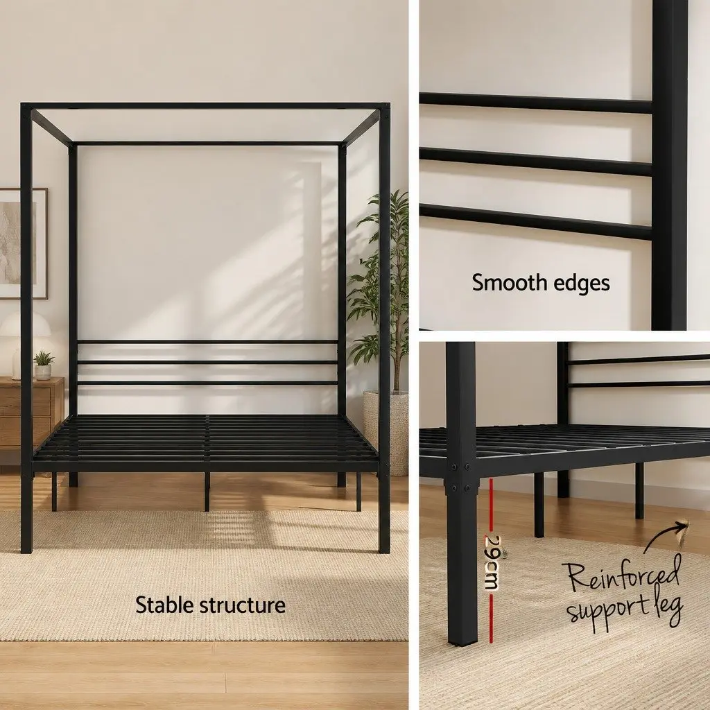 Double Size Metal Bed Frame Four-Poster Canopy Black Steel Bedroom Furniture