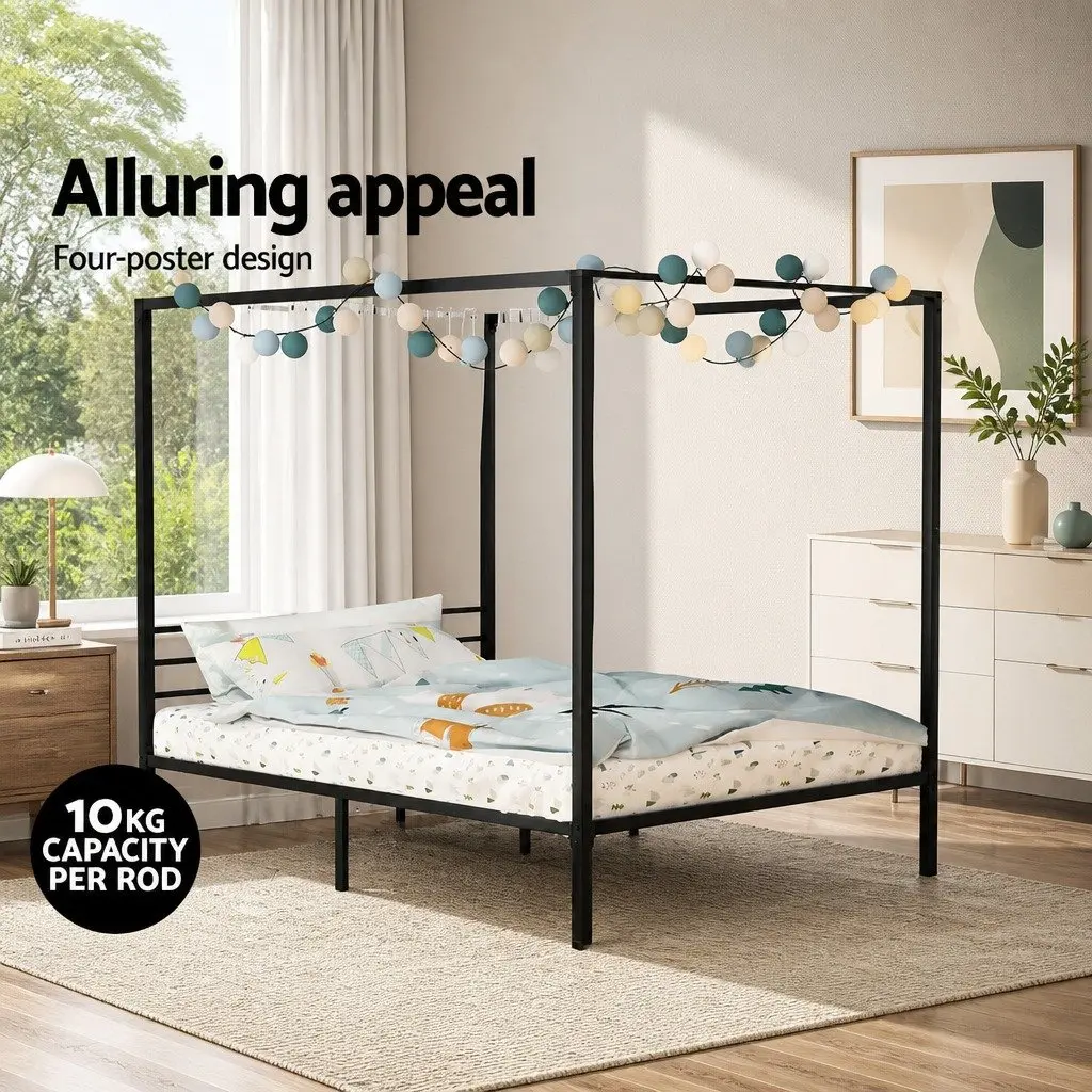 Double Size Metal Bed Frame Four-Poster Canopy Black Steel Bedroom Furniture