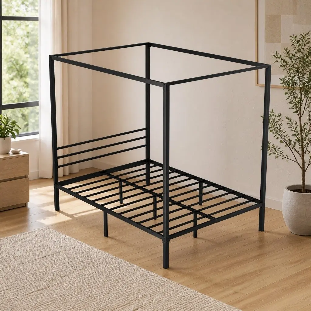 Double Size Metal Bed Frame Four-Poster Canopy Black Steel Bedroom Furniture