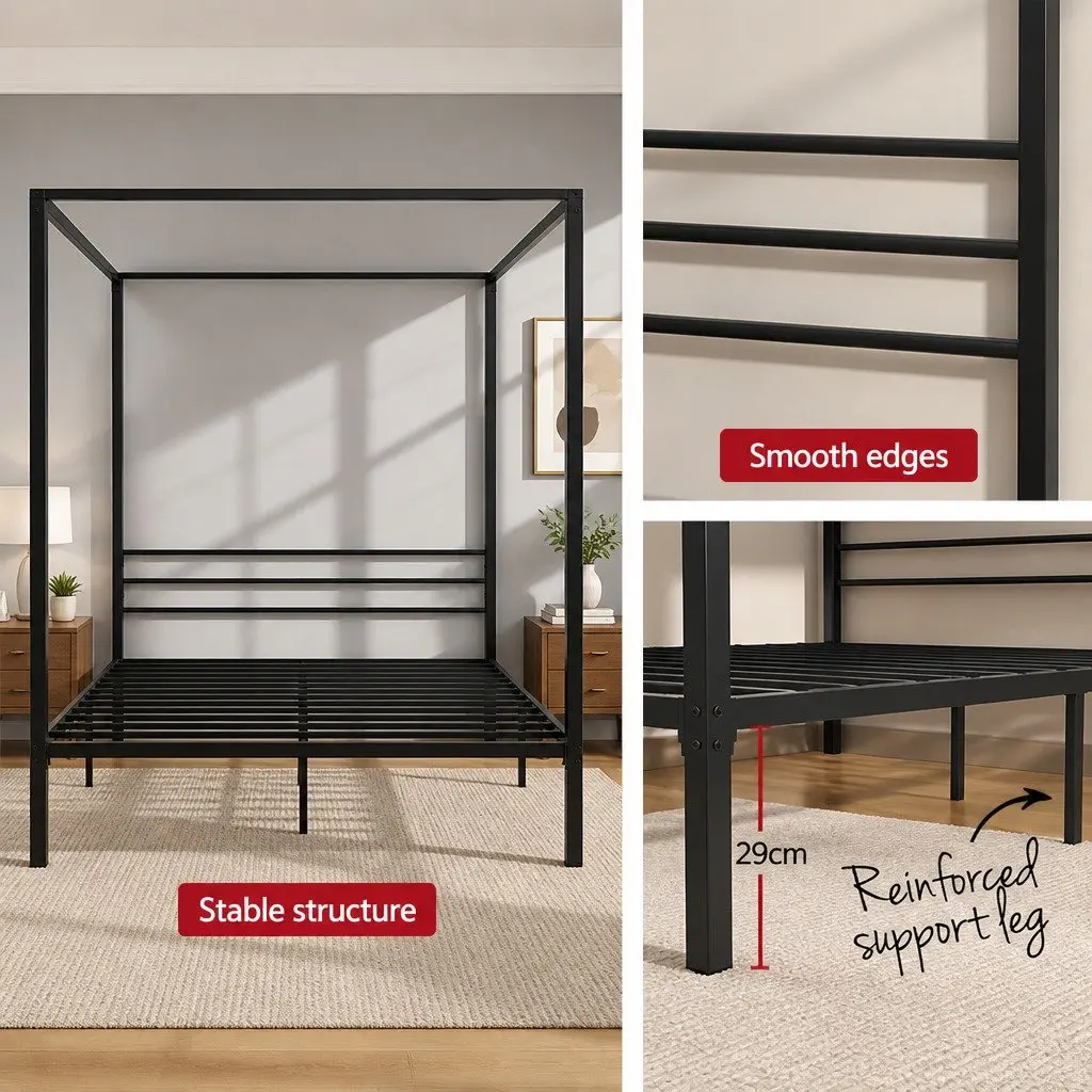 Queen Bed Frame Metal Four-Poster Canopy Black Steel Contemporary Bedroom