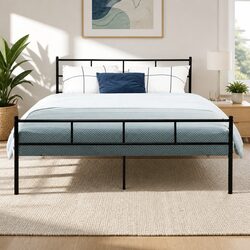 Queen Metal Bed Frame Black Steel Powder-Coated Storage Underneath Support Slats