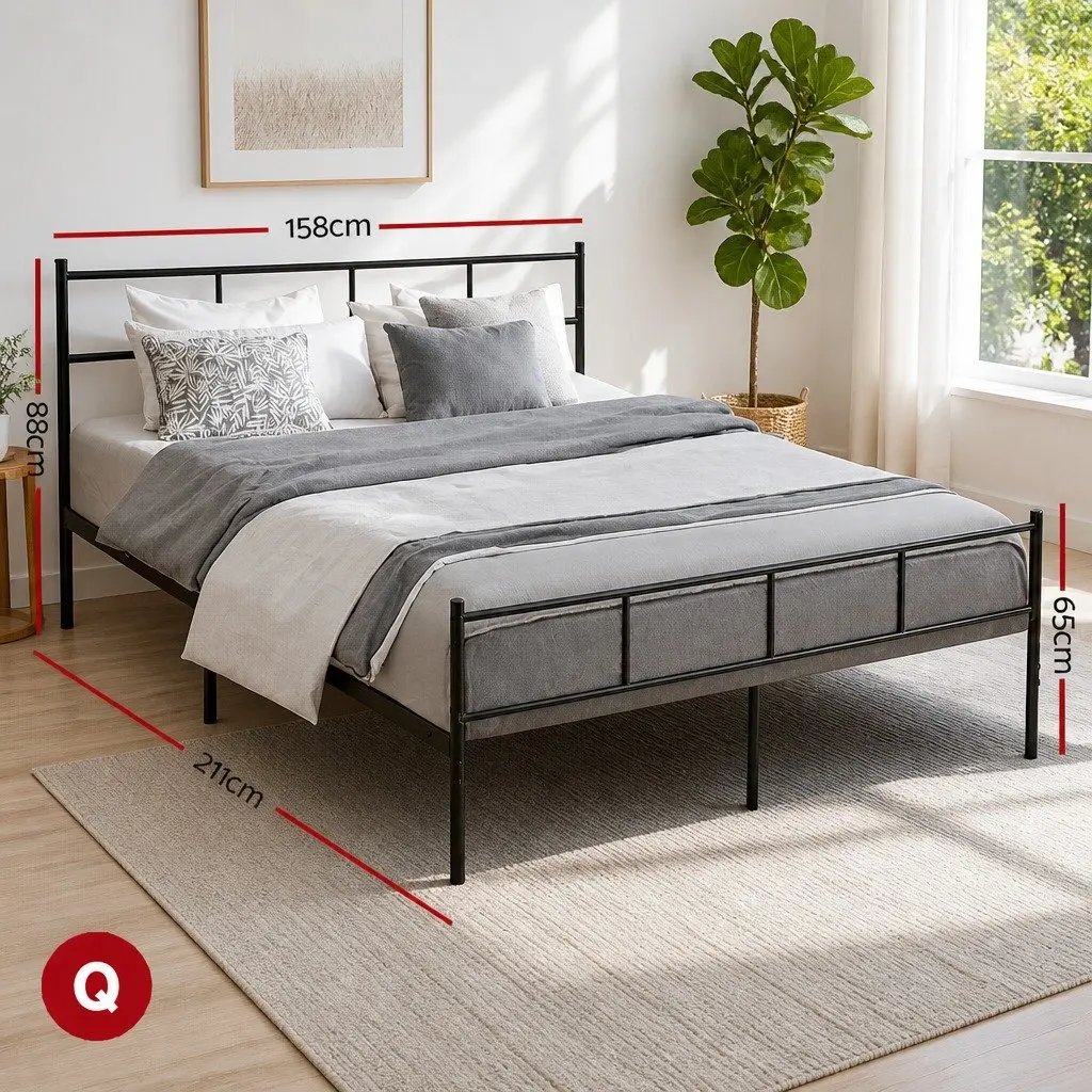 Queen Metal Bed Frame Black Steel Powder-Coated Storage Underneath Support Slats