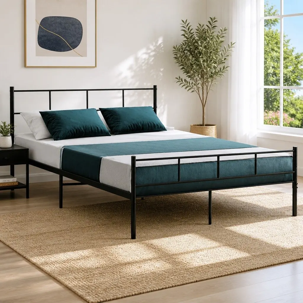 Queen Metal Bed Frame Black Steel Powder-Coated Storage Underneath Support Slats