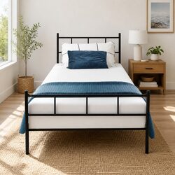 Single Metal Bed Frame Black Steel Construction Bedroom Furniture Storage Space