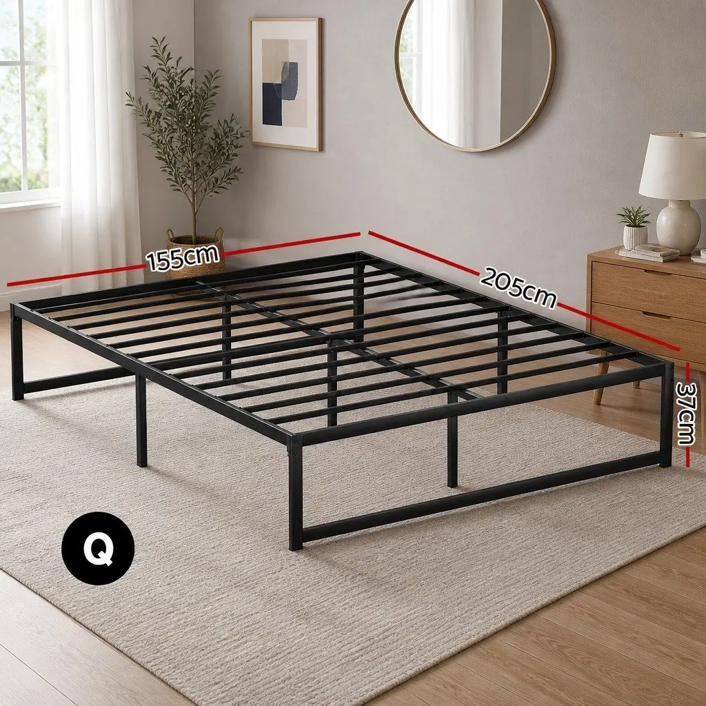 Queen Size Metal Bed Frame Black Steel with Reinforced Slats and Underbed Storage