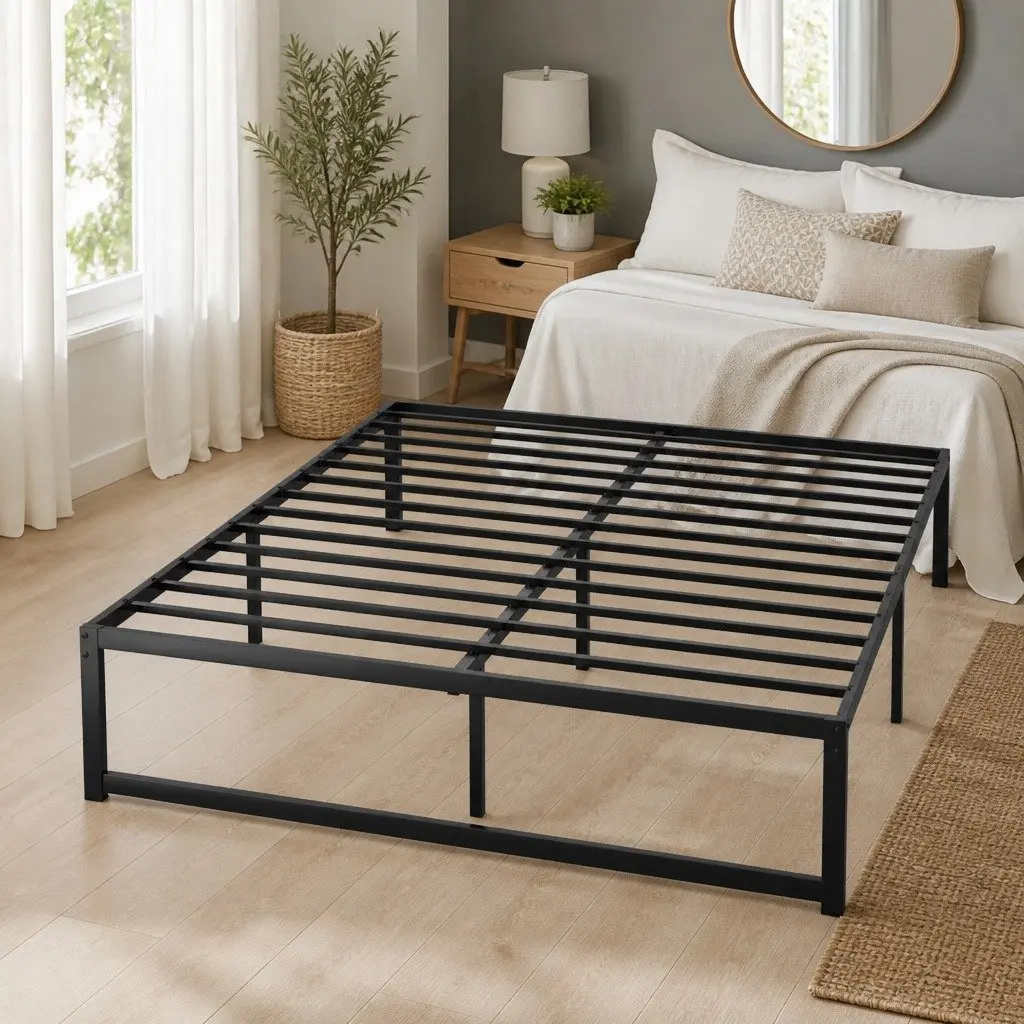 Queen Size Metal Bed Frame Black Steel with Reinforced Slats and Underbed Storage