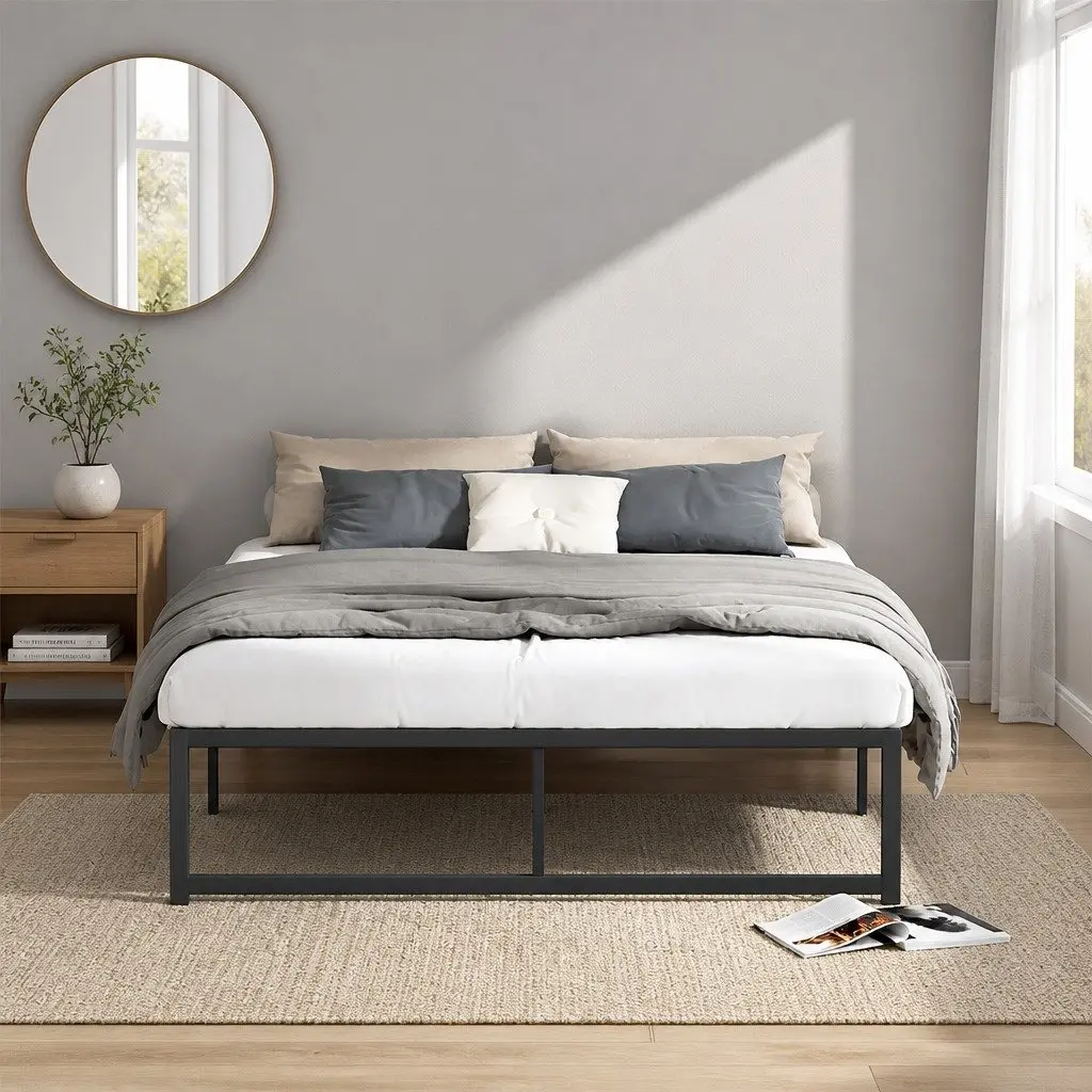 Queen Size Metal Bed Frame Black Steel with Reinforced Slats and Underbed Storage
