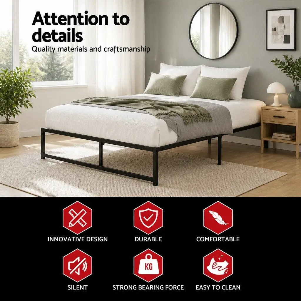 Queen Size Metal Bed Frame Black Steel with Reinforced Slats and Underbed Storage