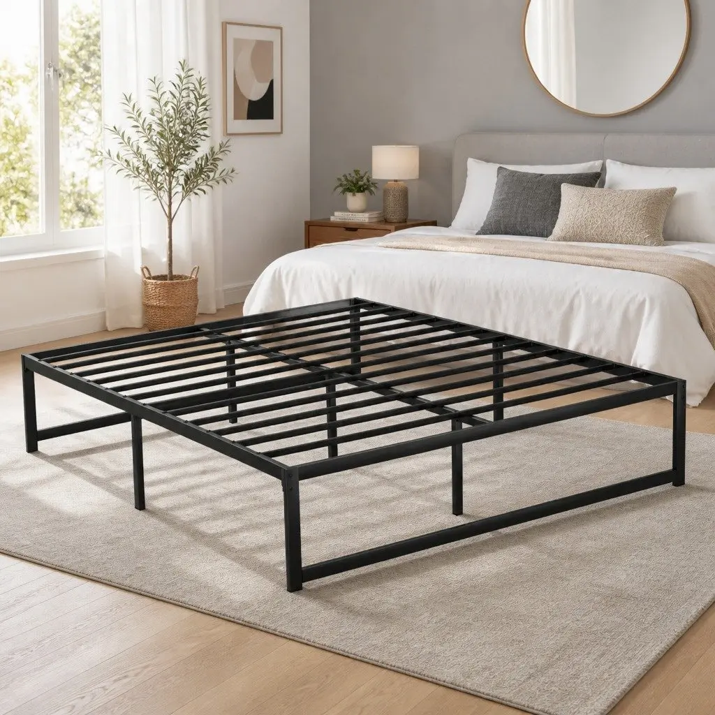 Queen Size Metal Bed Frame Black Steel with Reinforced Slats and Underbed Storage