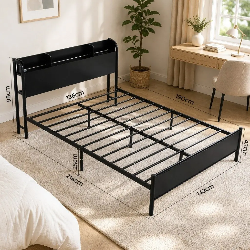 Double Size Bed Frame Black Metal with Storage Headboard Charging Station LED Lights