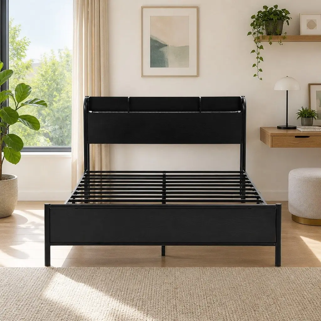 Double Size Bed Frame Black Metal with Storage Headboard Charging Station LED Lights