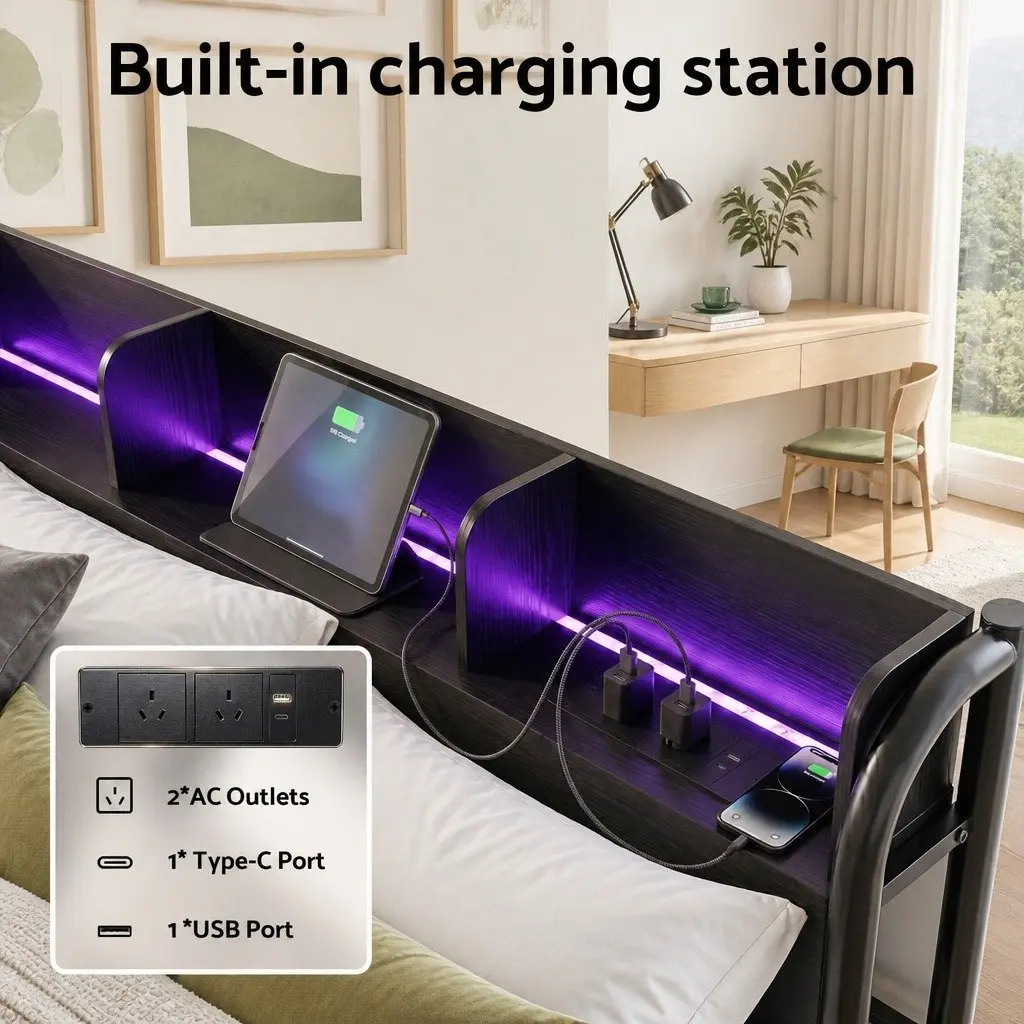 Double Size Bed Frame Black Metal with Storage Headboard Charging Station LED Lights