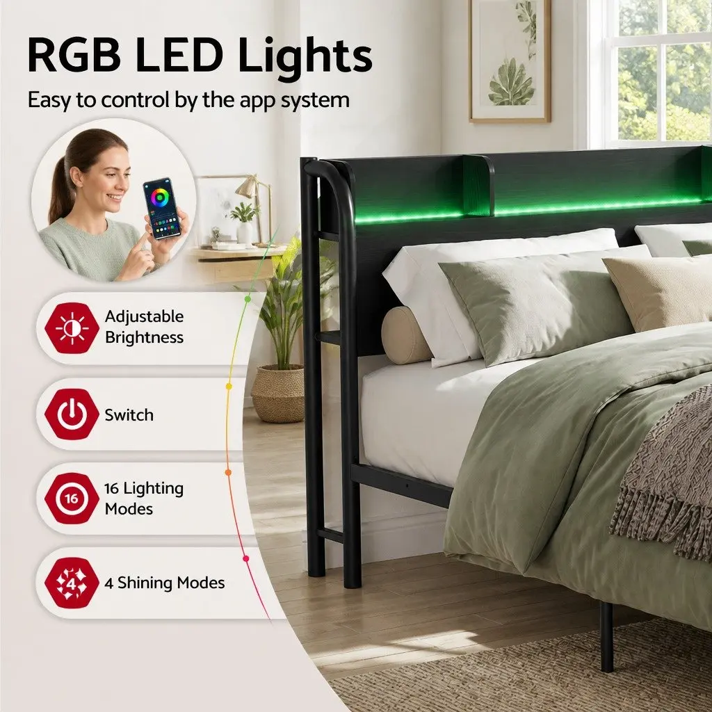 Double Size Bed Frame Black Metal with Storage Headboard Charging Station LED Lights