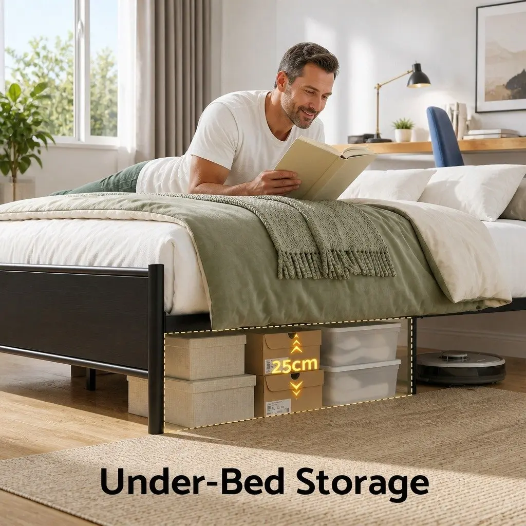Double Size Bed Frame Black Metal with Storage Headboard Charging Station LED Lights