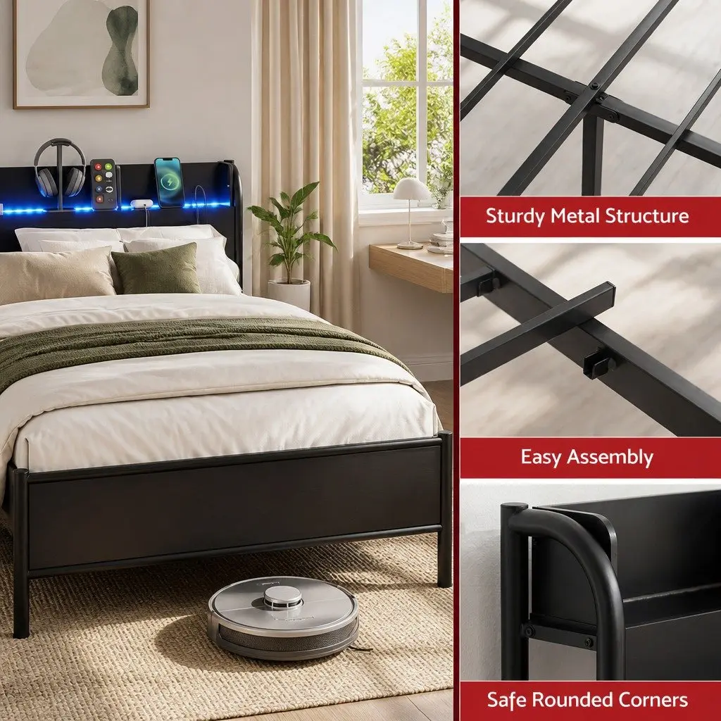 Double Size Bed Frame Black Metal with Storage Headboard Charging Station LED Lights