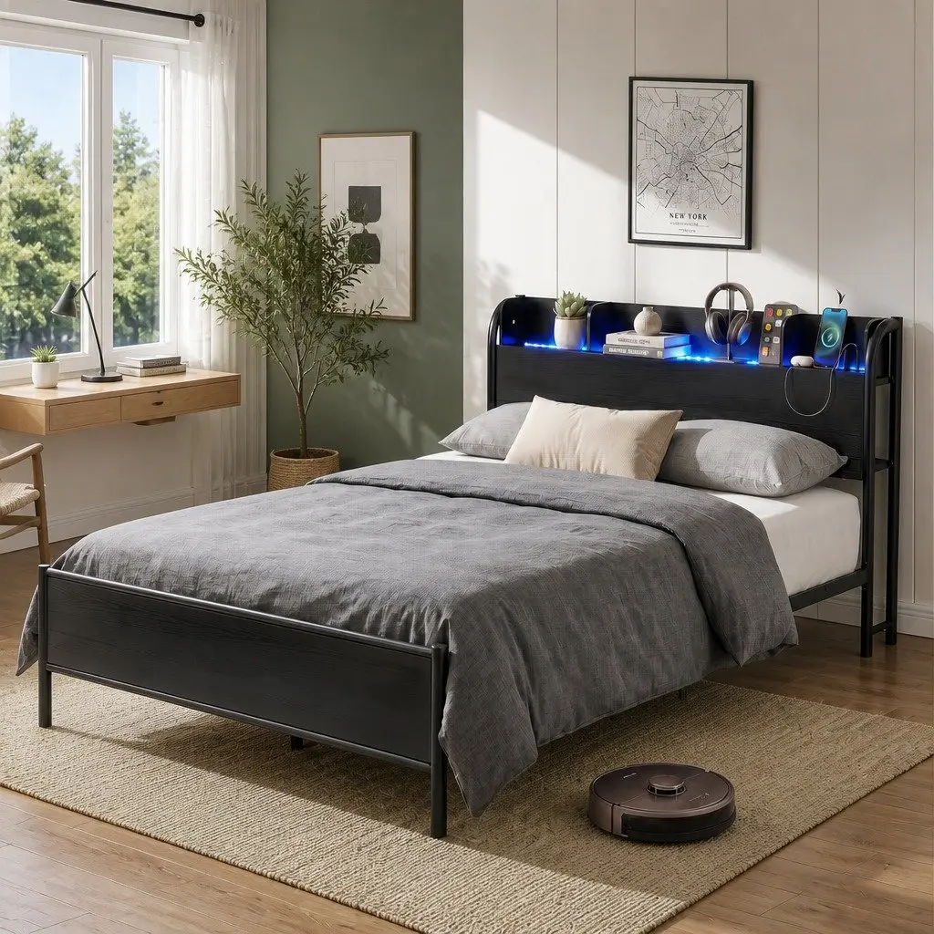 Double Size Bed Frame Black Metal with Storage Headboard Charging Station LED Lights