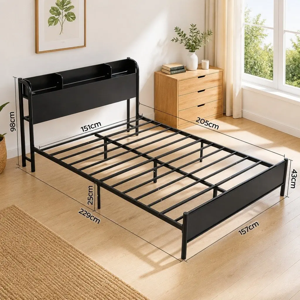 Queen Size Metal Bed Frame Black with Storage Headboard Charging Station LED Lights