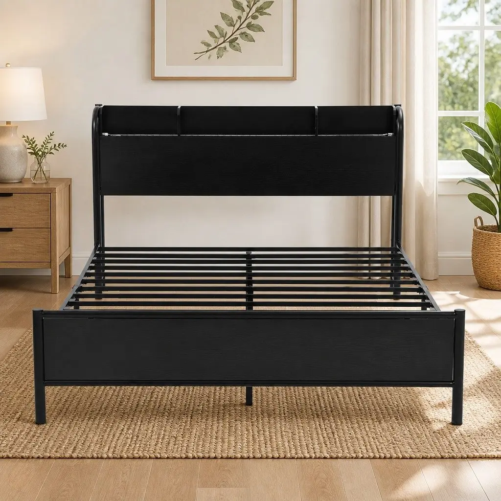 Queen Size Metal Bed Frame Black with Storage Headboard Charging Station LED Lights