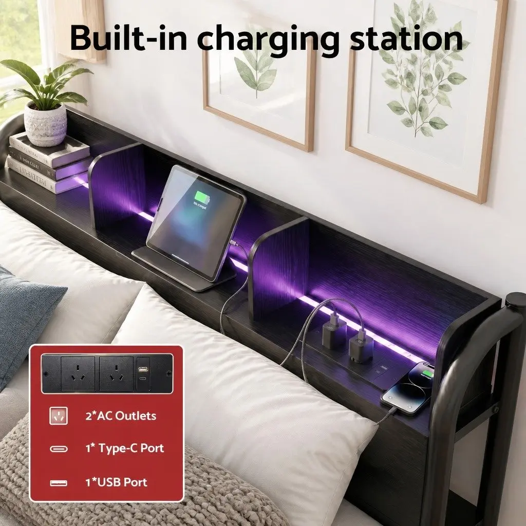 Queen Size Metal Bed Frame Black with Storage Headboard Charging Station LED Lights