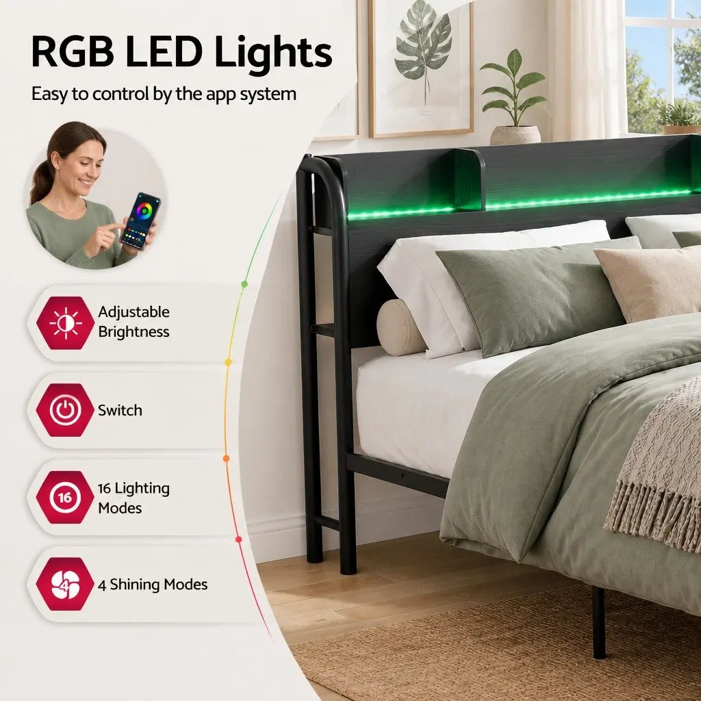 Queen Size Metal Bed Frame Black with Storage Headboard Charging Station LED Lights