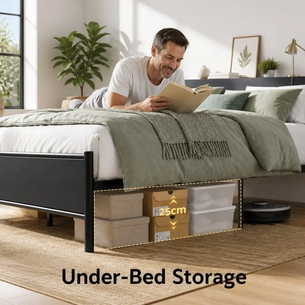 Queen Size Metal Bed Frame Black with Storage Headboard Charging Station LED Lights