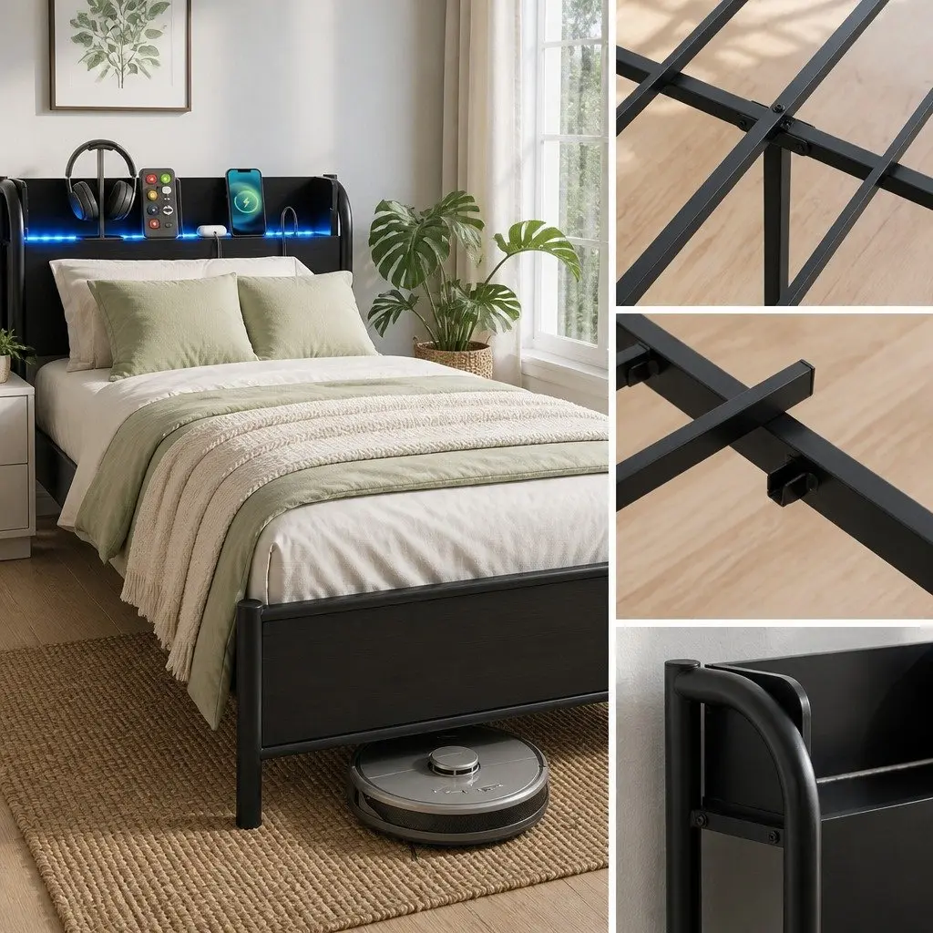 Queen Size Metal Bed Frame Black with Storage Headboard Charging Station LED Lights