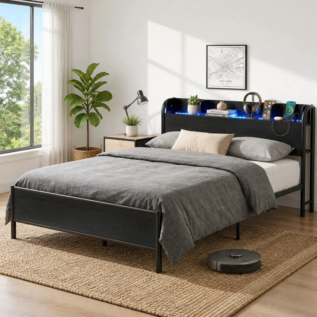 Queen Size Metal Bed Frame Black with Storage Headboard Charging Station LED Lights