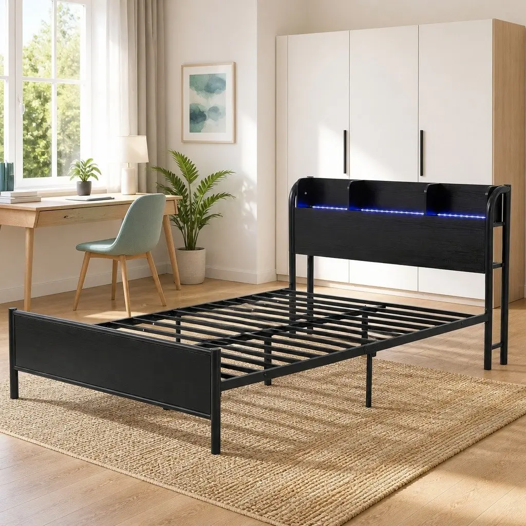 Metal Bed Frame with Headboard and Ambient Lighting