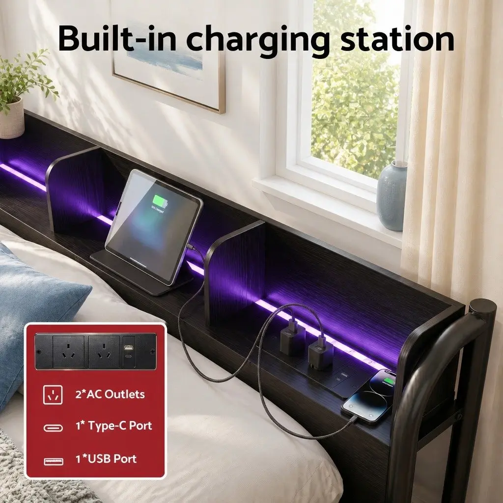 Metal Bed Frame with Headboard and Ambient Lighting
