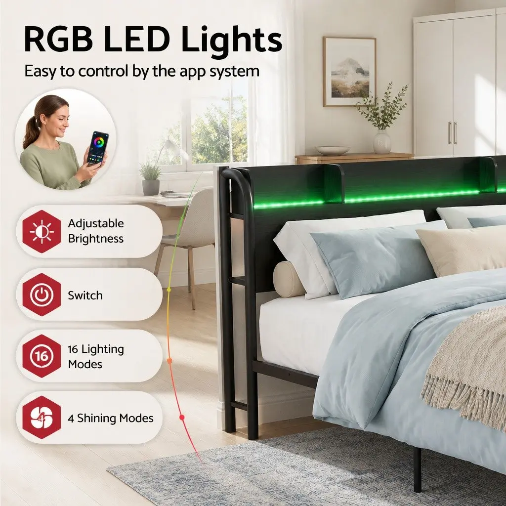 Metal Bed Frame with Headboard and Ambient Lighting