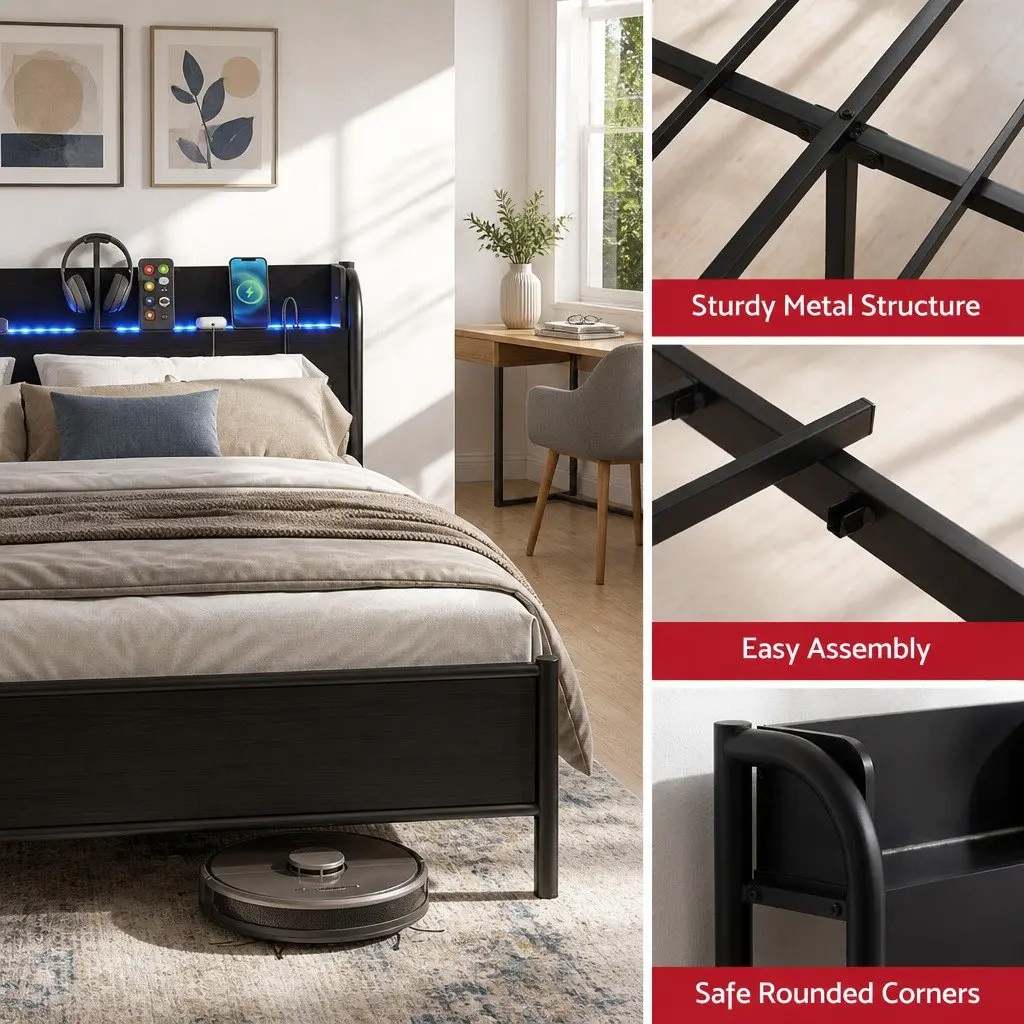 Metal Bed Frame with Headboard and Ambient Lighting