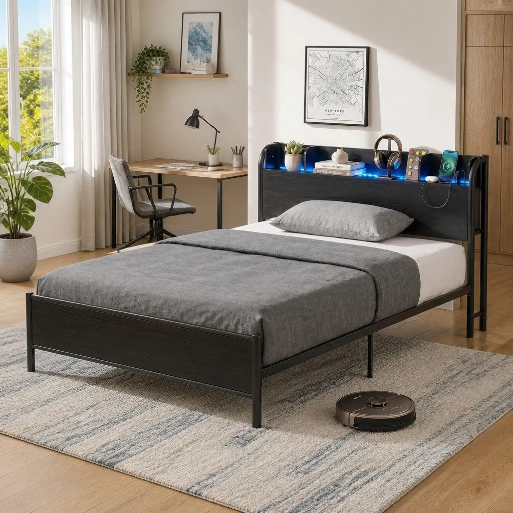 Metal Bed Frame with Headboard and Ambient Lighting