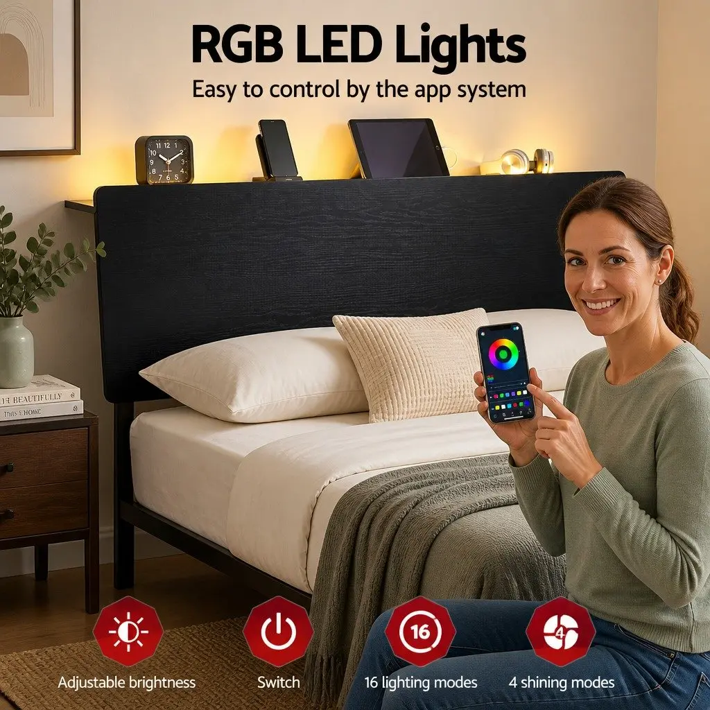Queen Size Metal Bed Frame Black with LED Lighting Charging Station Storage Headboard