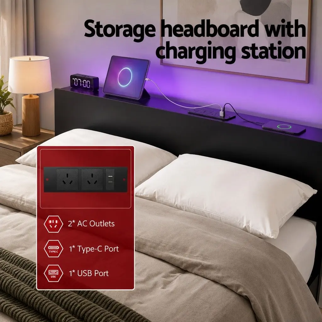 Queen Size Metal Bed Frame Black with LED Lighting Charging Station Storage Headboard
