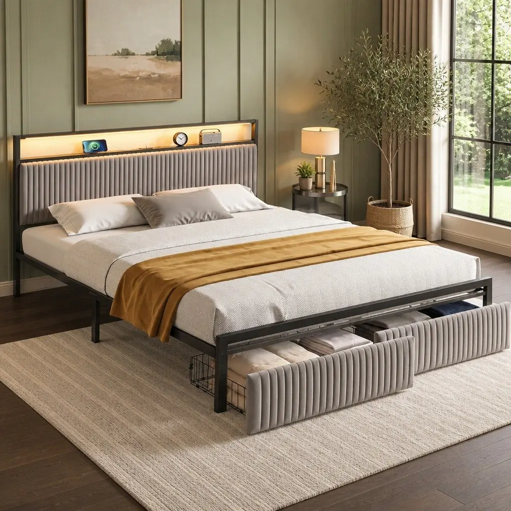 King Size Black Metal Bed Frame with Velvet Headboard LED Charging Station and 2 Storage Drawers