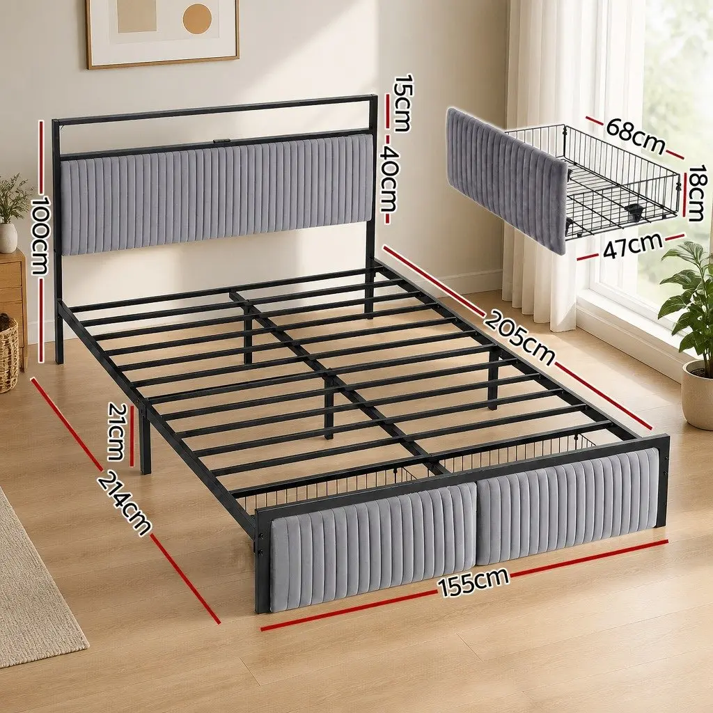 Queen Size Metal Bed Frame Black Velvet Headboard with LED Charging Station USB Type-C and Under Bed Drawers