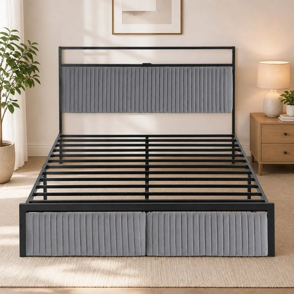 Queen Size Metal Bed Frame Black Velvet Headboard with LED Charging Station USB Type-C and Under Bed Drawers