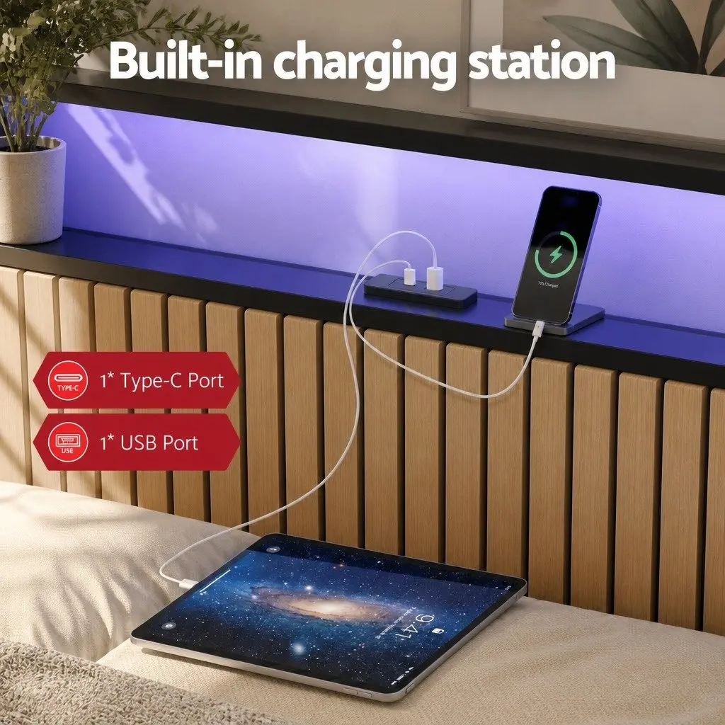 Queen Size Metal Bed Frame Black Velvet Headboard with LED Charging Station USB Type-C and Under Bed Drawers