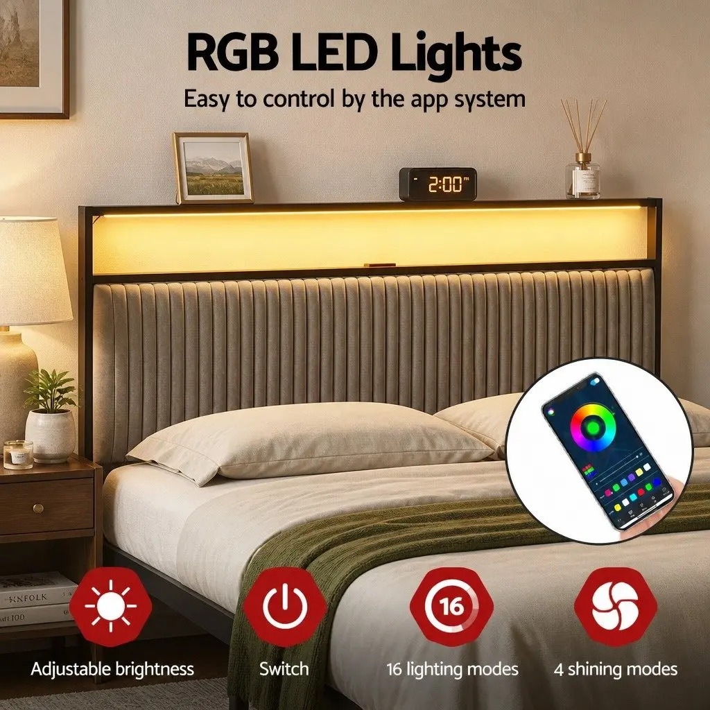 Queen Size Metal Bed Frame Black Velvet Headboard with LED Charging Station USB Type-C and Under Bed Drawers